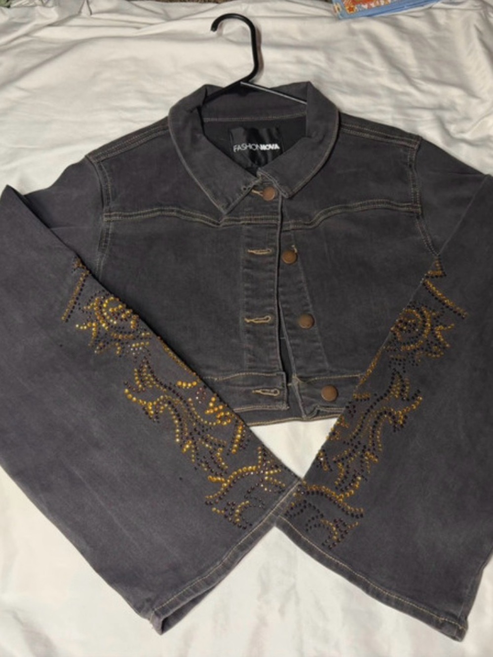 Fashion Nova Charcoal Black Studded Cropped Jean Jacket